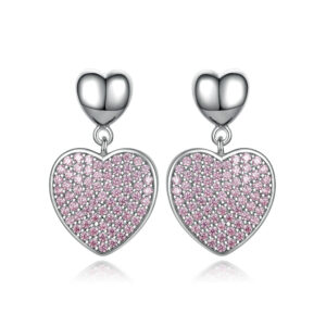 Sterling Silver Heart Stud Earrings Women's Premium Pink Zircon Heart Tassel S925 Silver Earrings