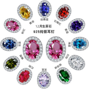 S925 sterling silver round constellation stud earrings European and American cross-border colored zircon colored gemstone earrings high-quality ear jewelry wholesale