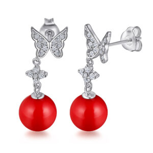 Creative S925 Silver Stud Earrings Temperament Women's Earrings Luxury Red Pearl Butterfly Earrings High Quality Wholesale