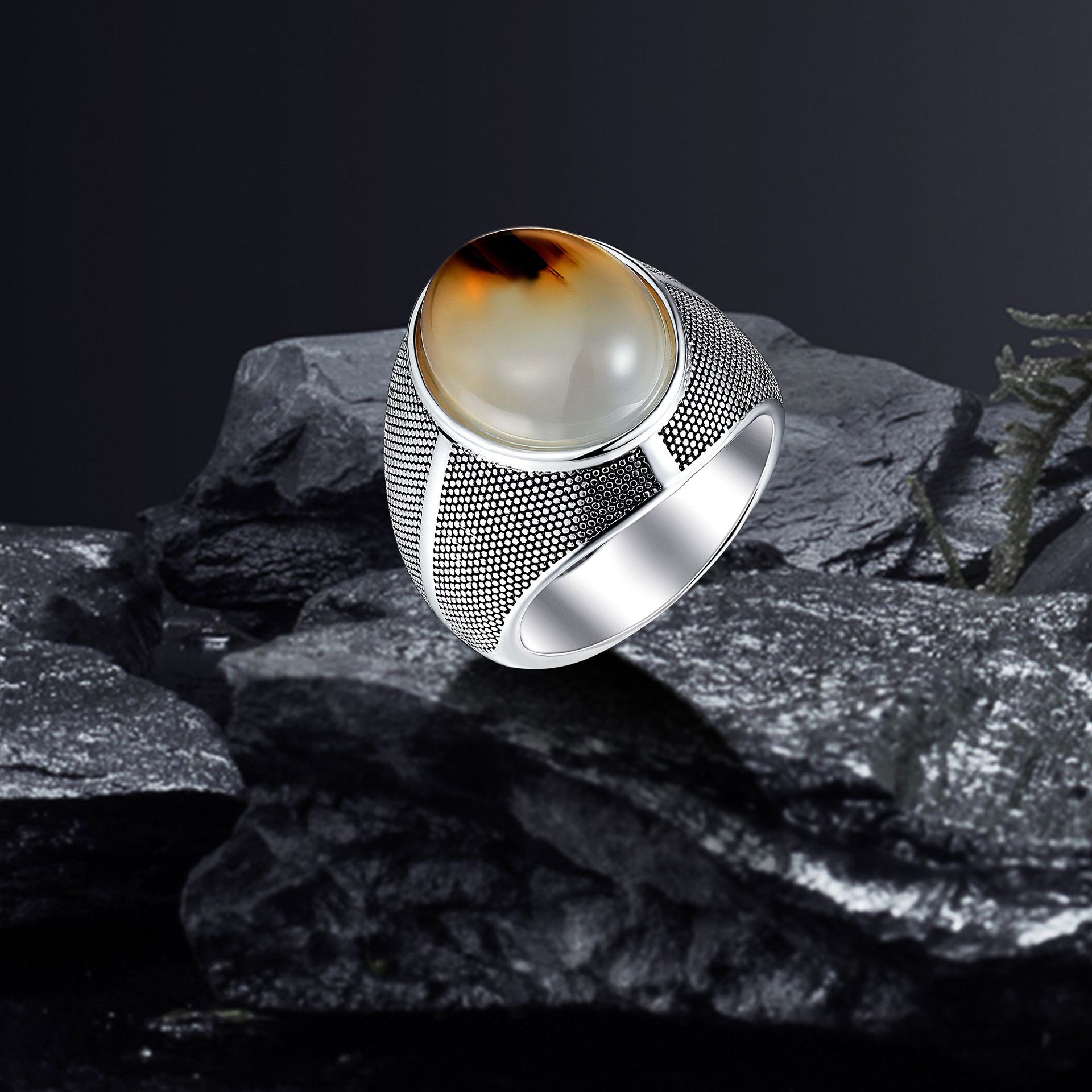 S925 sterling silver yellow agate custom glue synthetic jade men's ring - Image 4