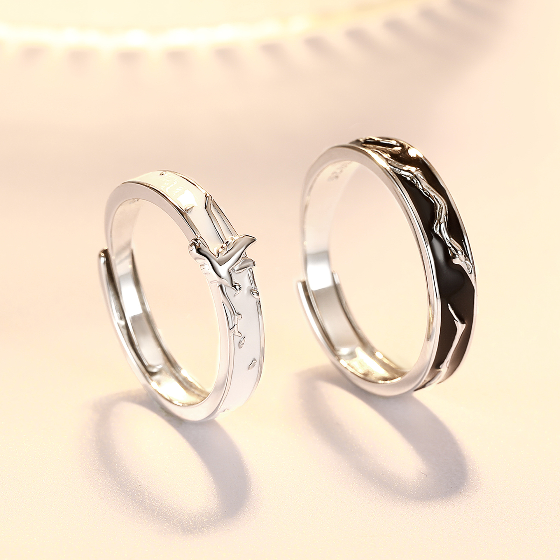 S925 sterling silver enamel open couple ring winged bird pair ring - Image 3