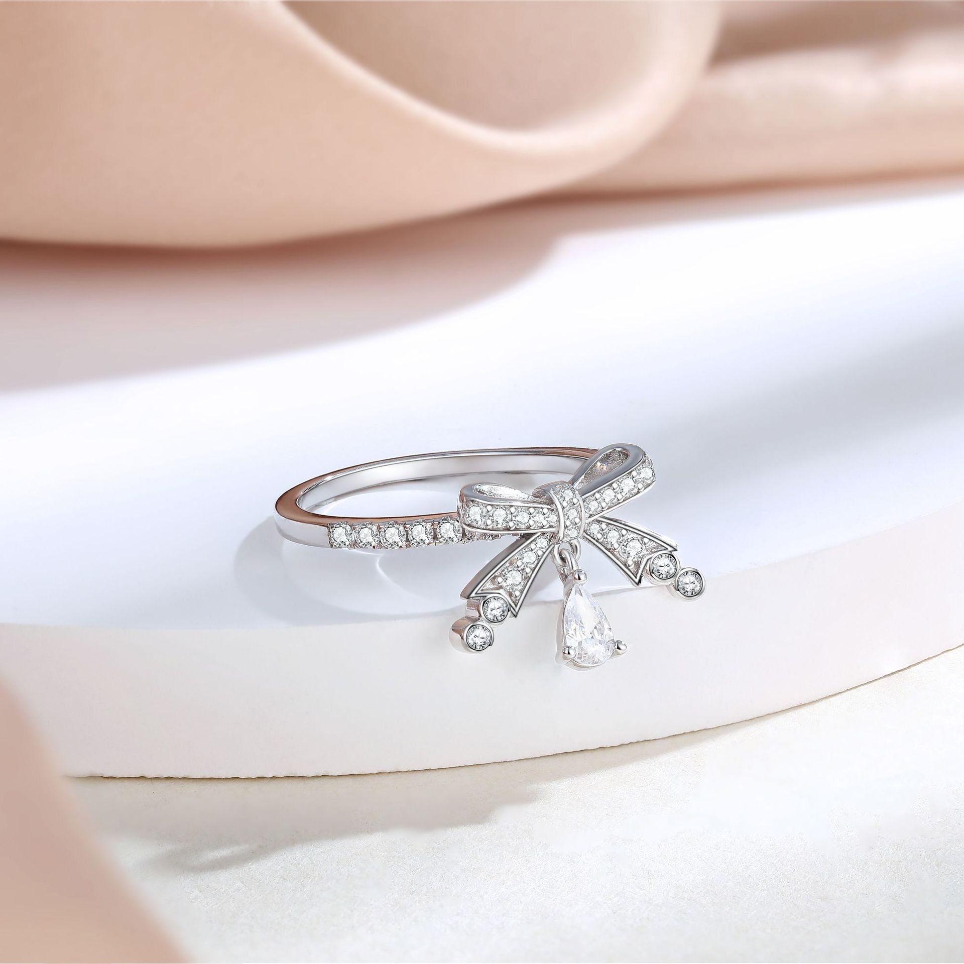 S925 sterling silver inlaid zirconia bow ring high-quality women's ring European and American fashion wedding rings - Image 3