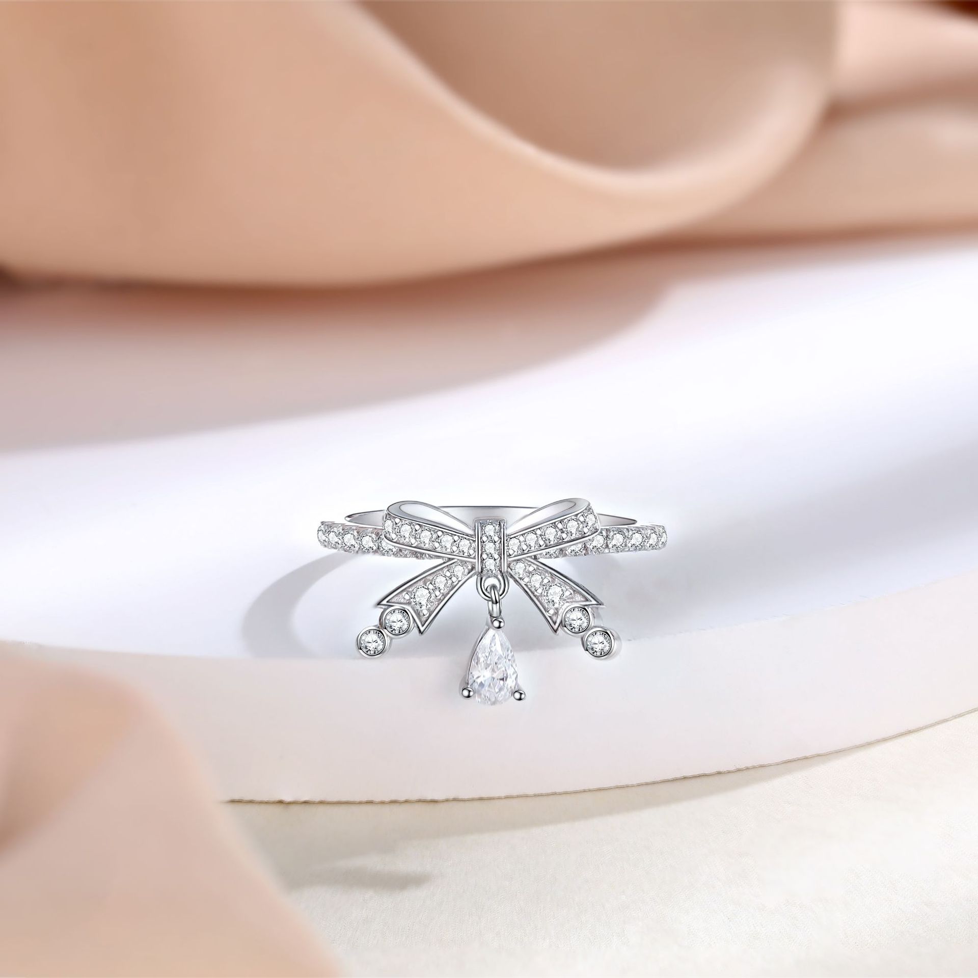 S925 sterling silver inlaid zirconia bow ring high-quality women's ring European and American fashion wedding rings - Image 4