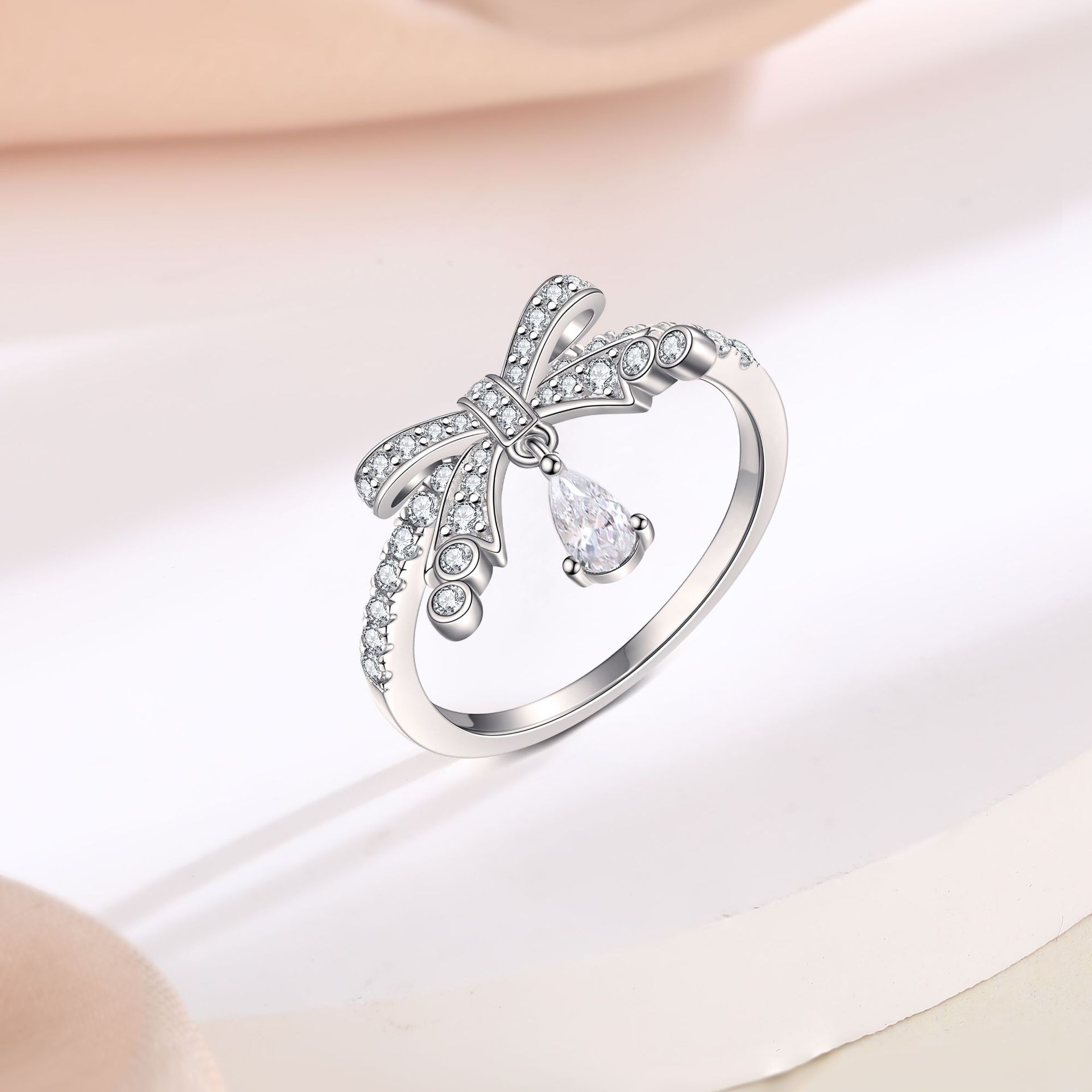 S925 sterling silver inlaid zirconia bow ring high-quality women's ring European and American fashion wedding rings - Image 5