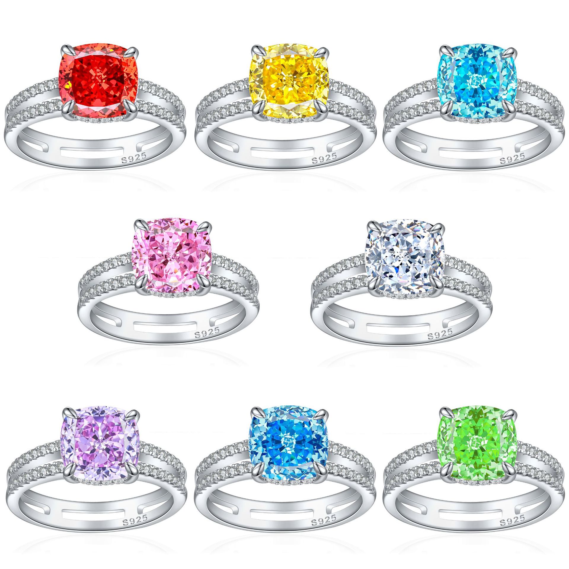 S925 Sterling Silver 9*9 Colored Gemstone High Carbon Diamond Women's Ring European and American Style Double Ring 3.5ct Flame Ice Flower Cut Ring