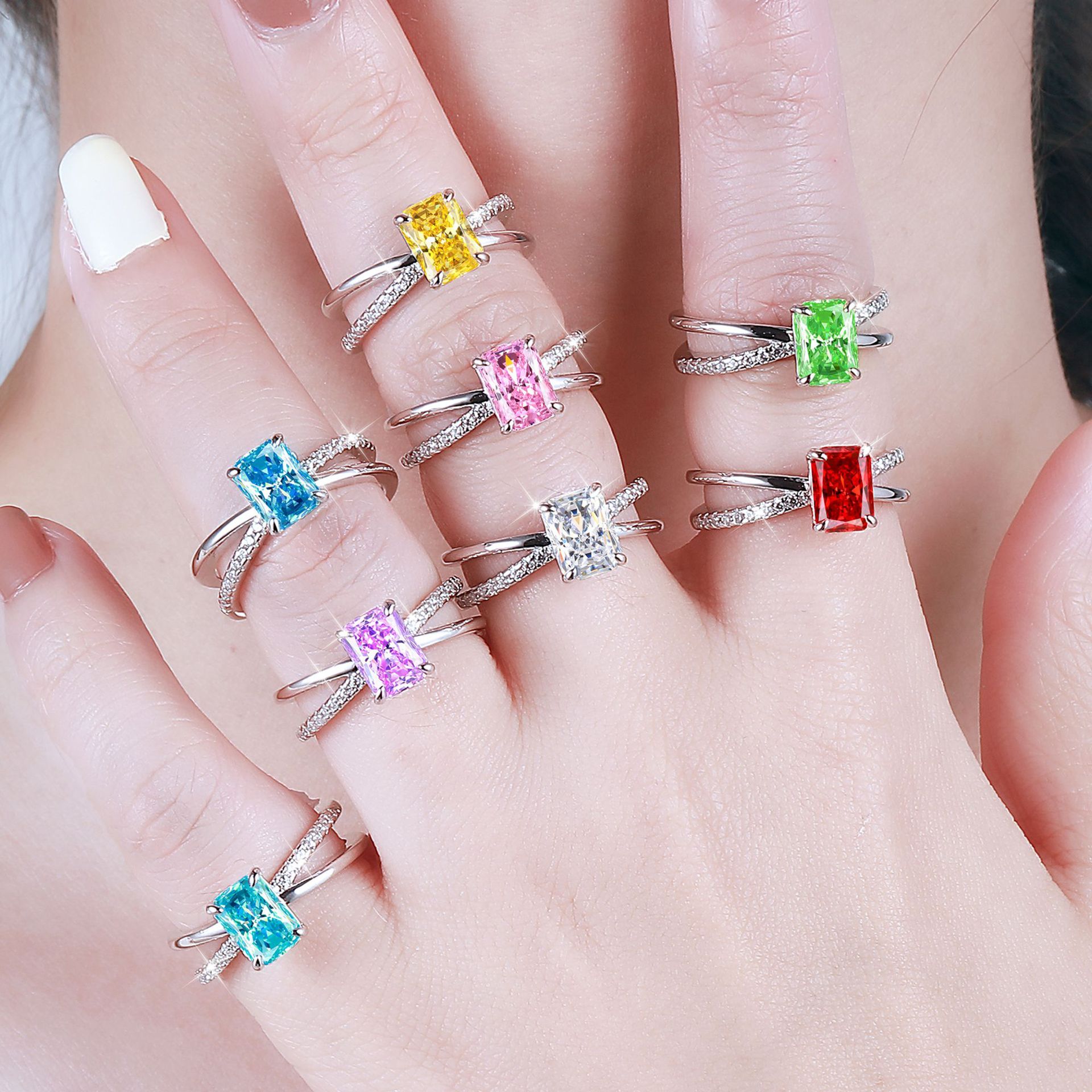 Euro & American 925 Sterling Silver 1.5ct Flame Ice Flower Cut Square Diamond Ring Women's Luxury Colored Gem 6*8 High Carbon Diamond Women's Ring INS