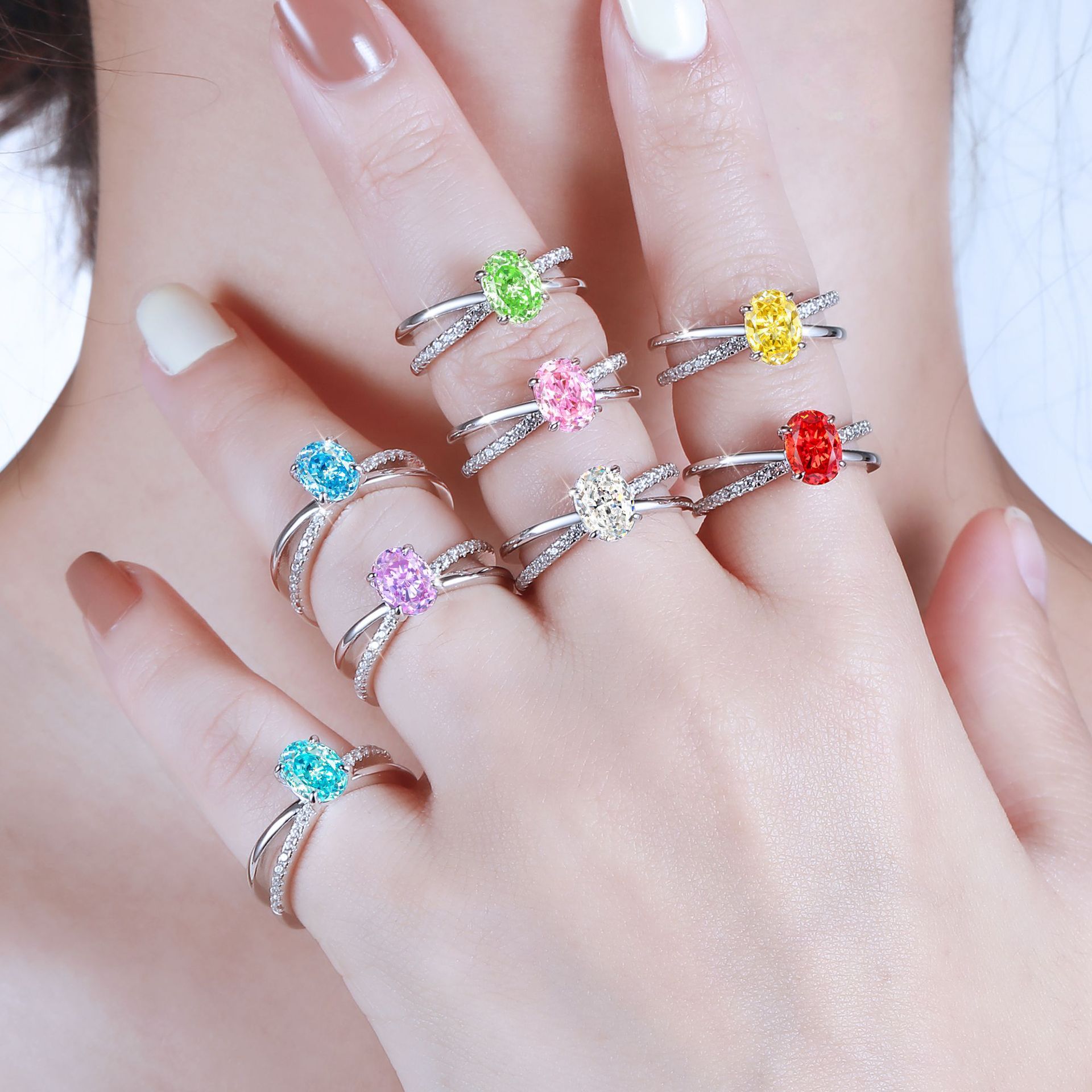 Premium 925 Sterling Silver 1.5ct Flame Ice Flower Cut Oval Ring Women's Luxury Colored Gemstone 6*8 High Carbon Diamond Ring