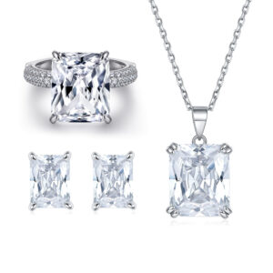 New Jewelry Set Zircon Crystal Necklace 925 Sterling Silver Baguette Stud Earrings High Carbon Diamond Square Diamond Ring