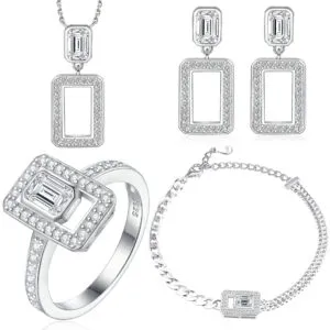 S925 sterling silver jewelry set four-piece square diamond ring earrings necklace fashion bracelet