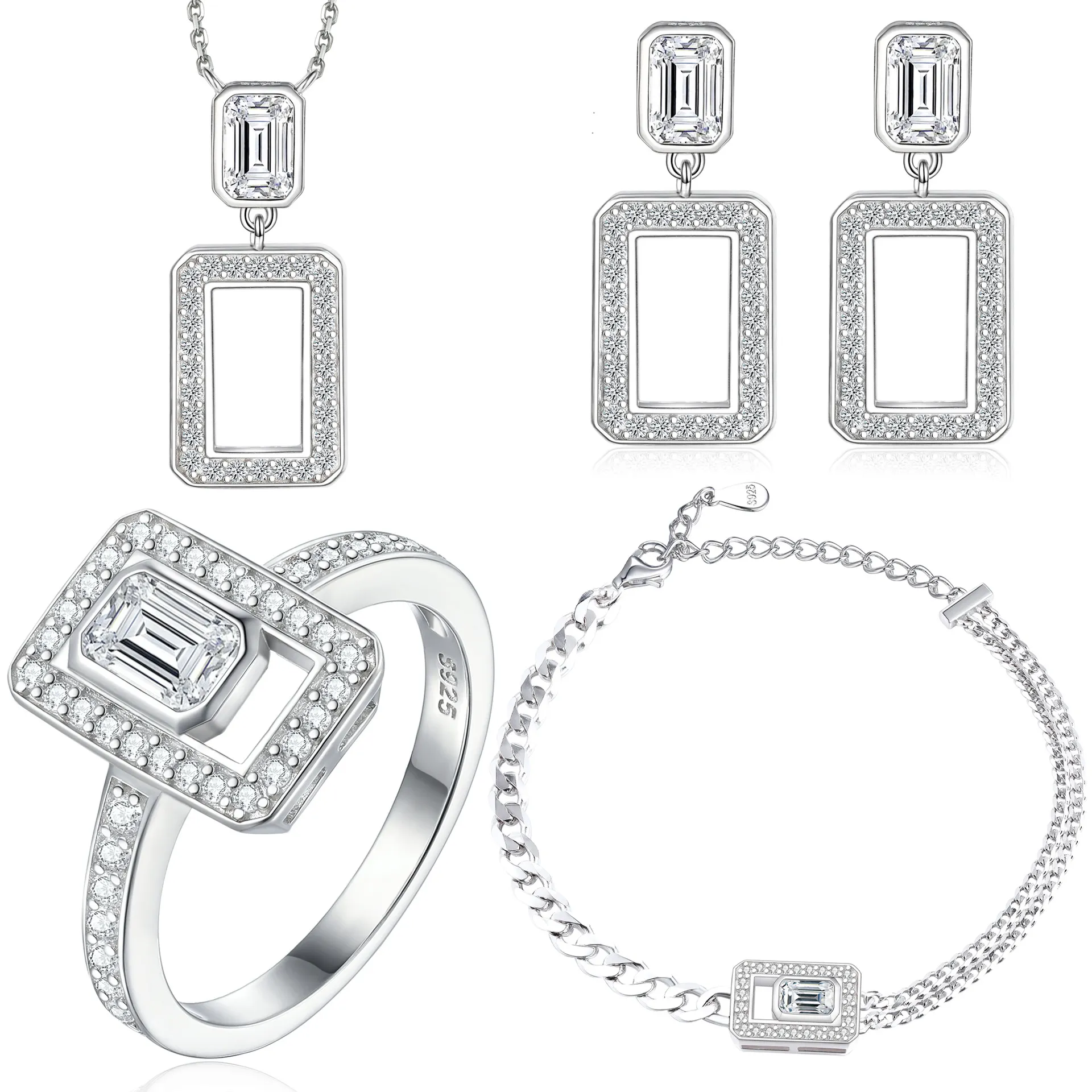 S925 sterling silver jewelry set four-piece square diamond ring earrings necklace fashion bracelet