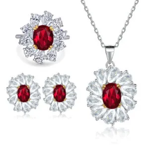 Sterling silver colored treasure jewelry set three-piece set ruby ​​ring earrings silver necklace