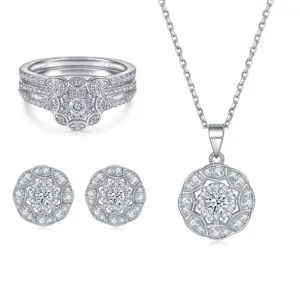 S925 sterling silver zircon row diamond set ring earring necklace three-piece jewelry set