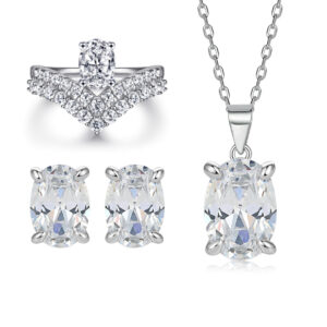 925 sterling silver jewelry set European and American V-shaped crown ring denier-shaped zircon pendant necklace simple earrings