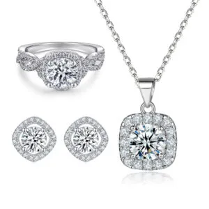 925 sterling silver jewelry set ribbon intertwined love ring square zircon earrings fashion necklace