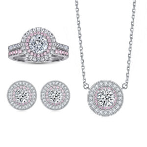 S925 Sterling Silver Pink Row Diamonds Ring Round Earrings Necklace 3-piece Jewelry set
