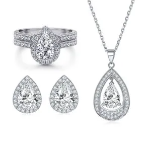 S925 sterling silver zircon drop earrings necklace women's all-match ring combination jewelry three-piece set