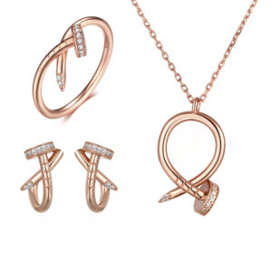 S925 sterling silver jewelry set three-piece rose gold ring simple necklace high-end earrings