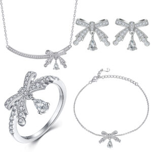 Creative Jewelry Bow Set 4 Piece Set European and American Rings S925 Silver Stud Necklace Versatile Jewelry Set