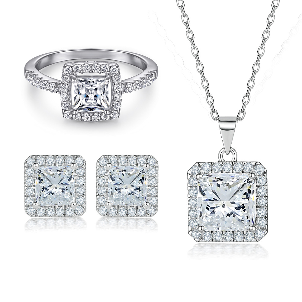 S925 sterling silver jewelry set European and American zircon square diamond ring necklace ins square stud earrings
