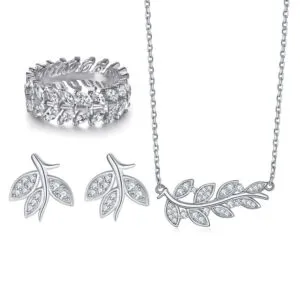 Jewelry set of three 925 sterling silver full diamond leaf ring leaf necklace women's flower earrings