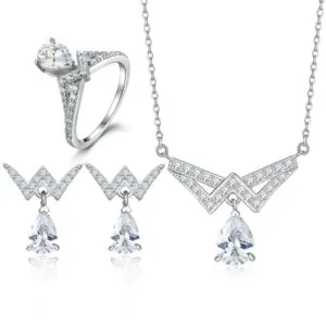 S925 Sterling Silver Jewelry Set of Three Crown Ring Stud Earrings Necklace Silver Jewelry Set