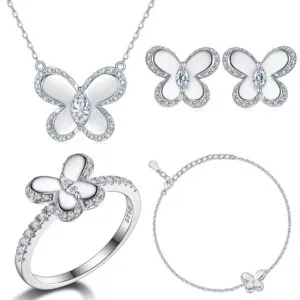 New S925 Sterling Silver Butterfly Big Brand Jewelry Set 4 Piece Set Stud Ring Necklace Jewelry Set