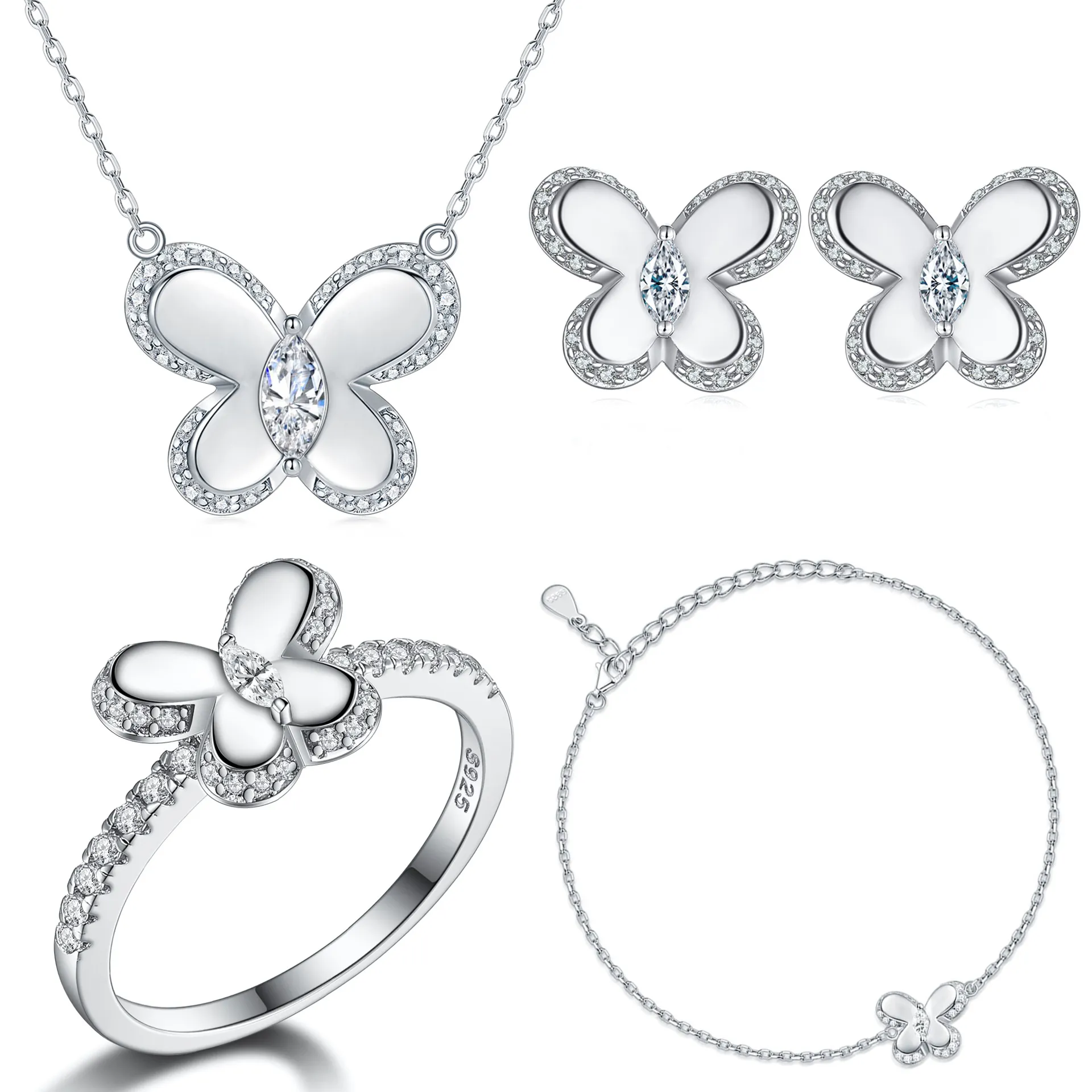 New S925 Sterling Silver Butterfly Big Brand Jewelry Set 4 Piece Set Stud Ring Necklace Jewelry Set