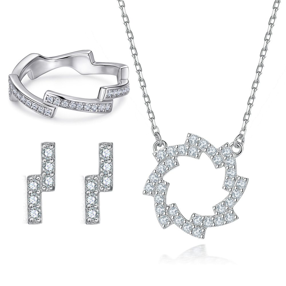 S925 Silver Jewelry Set Full Diamond Row Diamond Wave Rings Z Letter Stud Earrings Sunflower Necklace