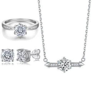 Sterling silver six prongs one carat diamond ring zircon stud earrings silver necklace jewelry set