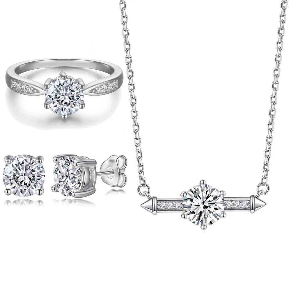 Sterling silver six prongs one carat diamond ring zircon stud earrings silver necklace jewelry set