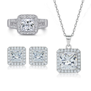 American fashion jewelry set S925 sterling silver square diamond ring pendant necklace stud earrings set