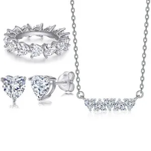 S925 sterling silver jewelry set fashion heart shaped zircon full diamond ring love stud earrings necklace