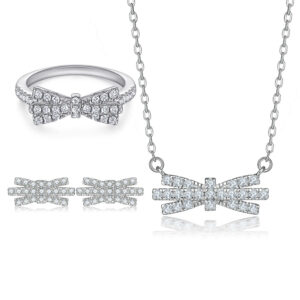 S925 silver necklace zircon diamond bow ring stud earrings light luxury sterling silver jewelry set