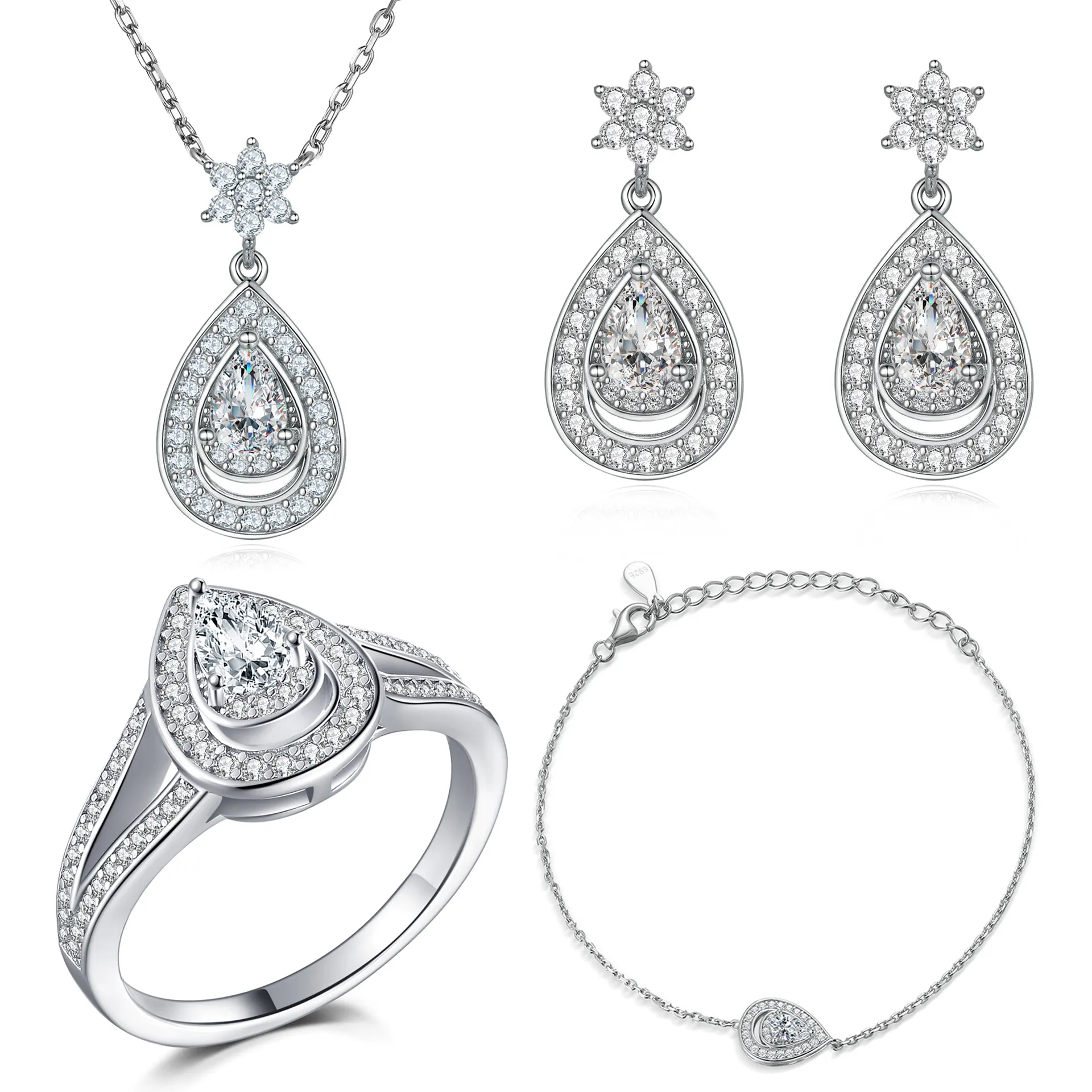 S925 sterling silver jewelry set earrings ring necklace luxury silver bracelet