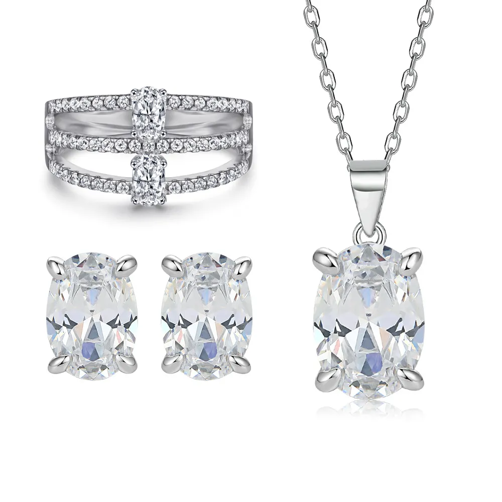 S925 sterling silver jewelry set zircon pendant necklace row diamond ring silver stud earrings