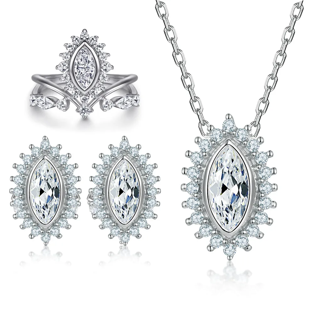 S925 Silver Stud Sunflower Necklace Crown Rings Sterling Silver Jewelry Set