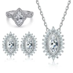 Row Diamond Zircon 925 Silver Ring Women's Earrings Premium Sunflower Necklace Silver Jewelry Set
