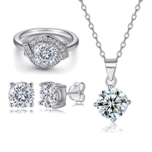 S925 sterling silver jewelry set ring four prongs zircon stud earrings necklace