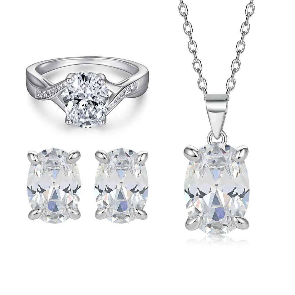 Oval Zircon Necklace S925 Sterling Silver Ring Premium Women's Stud Earrings Jewelry Set