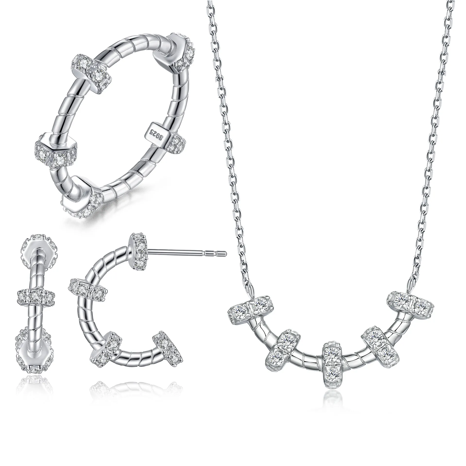 S925 silver jewelrythree-piece set European style personality ring fashion stud necklace