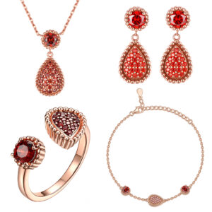 S925 sterling silver jewelry set rose gold earrings water drop open ring necklace