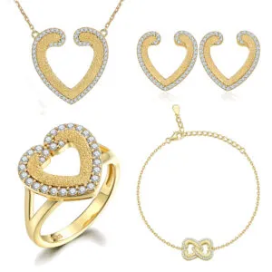 Heart Shape S925 Silver Jewelry Set Four Piece Set Love Rings Stud Earrings Necklace Double Heart Bracelet