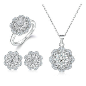 Sterling Silver Flower Ring S925 Silver Stud Necklace Jewelry Set