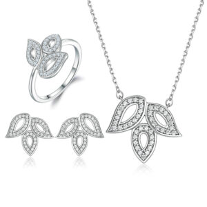 S925 Silver Ring Leaf Necklace Zircon Stud Earrings Design Sense Sterling Silver Jewelry Set