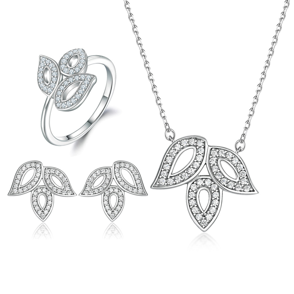 S925 Silver Ring Leaf Necklace Zircon Stud Earrings Design Sense Sterling Silver Jewelry Set