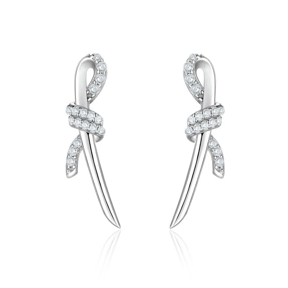 S925 sterling silver bow ring zircon stud earrings fashion ribbon necklace luxury women's jewelry set - Image 4