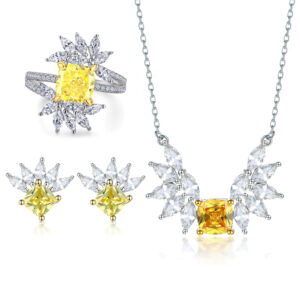 Colorful Treasure Square Ice Flower Cut Yellow Diamond Ring S925 Pure Silver Crystal Earrings Necklace Jewelry Set