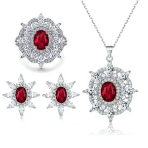 Sunflower Earnail Colorful Treasure Ring S925 Pure Silver Ruby Necklace Jewelry Set