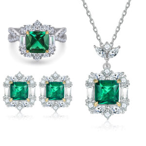 S925 Pure Silver Jewelry Set Ring Green Zircon Earrings Luxurious Emeralds Necklace