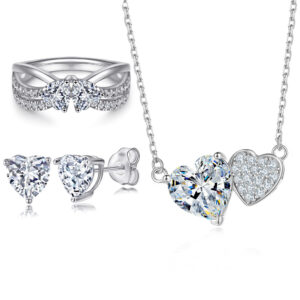 Love necklace double heart 925 silver ring zircon earrings silver jewelry set